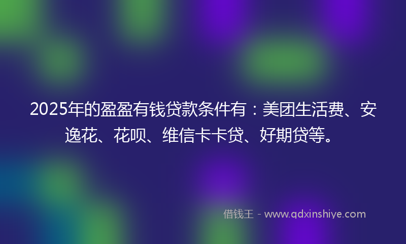 2025年的盈盈有钱贷款条件有：美团生活费、安逸花、花呗、维信卡卡贷、好期贷等。