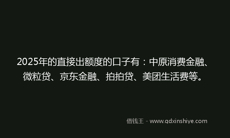 2025年的直接出额度的口子有：中原消费金融、微粒贷、京东金融、拍拍贷、美团生活费等。