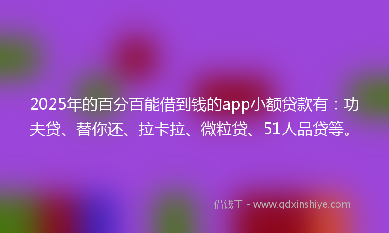2025年的百分百能借到钱的app小额贷款有：功夫贷、替你还、拉卡拉、微粒贷、51人品贷等。