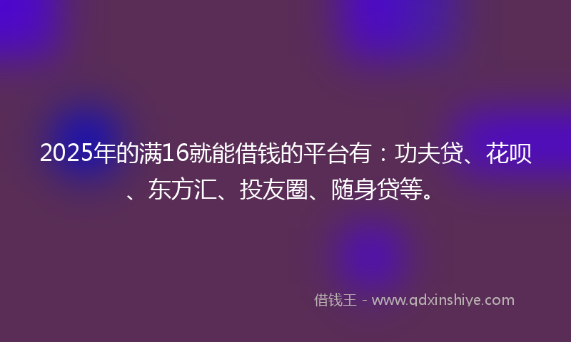 2025年的满16就能借钱的平台有：功夫贷、花呗、东方汇、投友圈、随身贷等。