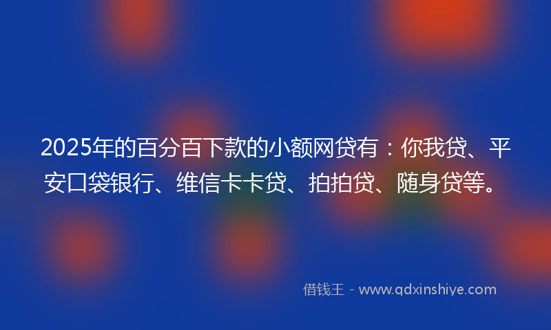 2025年的百分百下款的小额网贷有:你我贷、平安口袋银行、维信卡卡贷、拍拍贷、随身贷等。