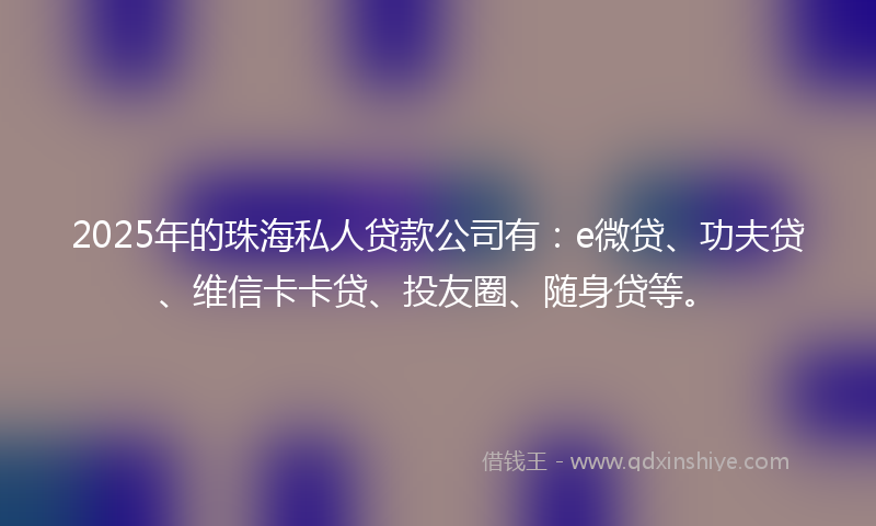 2025年的珠海私人贷款公司有：e微贷、功夫贷、维信卡卡贷、投友圈、随身贷等。