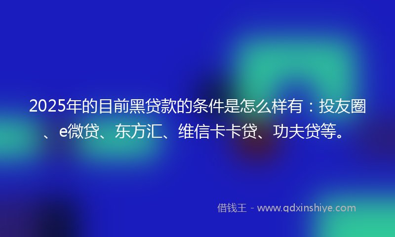 2025年的目前黑贷款的条件是怎么样有：投友圈、e微贷、东方汇、维信卡卡贷、功夫贷等。