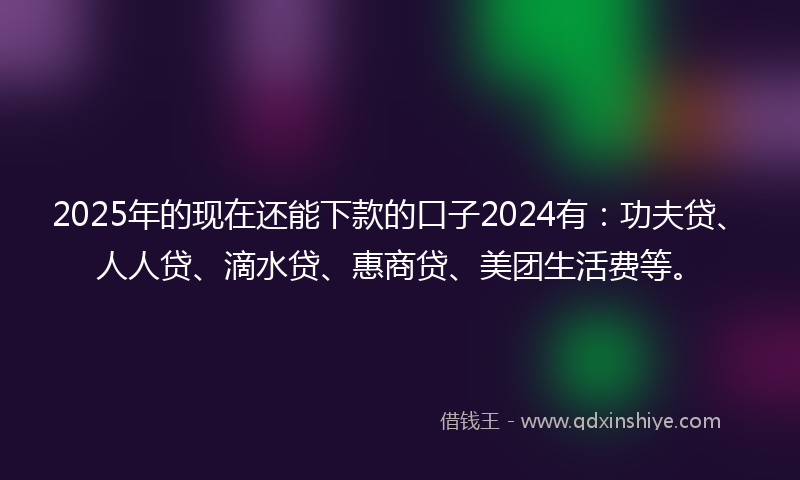2025年的现在还能下款的口子2024有：功夫贷、人人贷、滴水贷、惠商贷、美团生活费等。