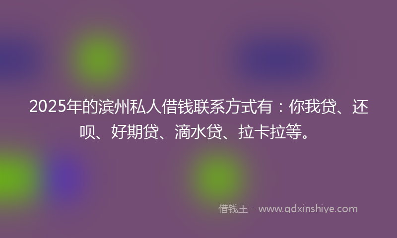 2025年的滨州私人借钱联系方式有：你我贷、还呗、好期贷、滴水贷、拉卡拉等。