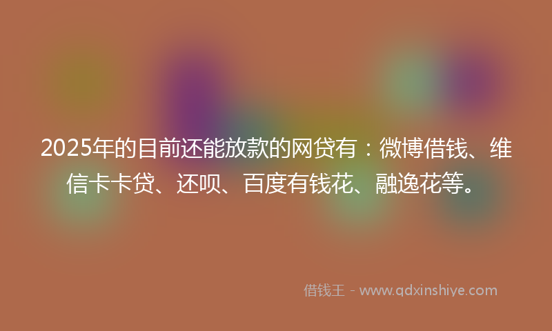 2025年的目前还能放款的网贷有：微博借钱、维信卡卡贷、还呗、百度有钱花、融逸花等。