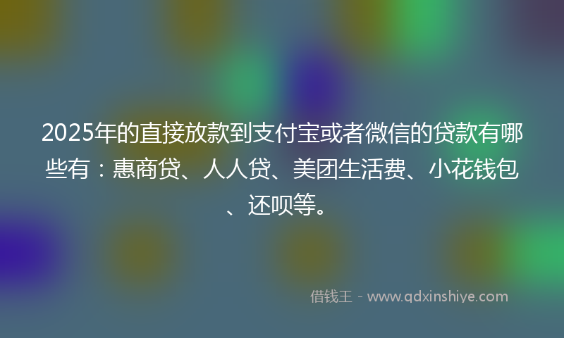 2025年的直接放款到支付宝或者微信的贷款有哪些有：惠商贷、人人贷、美团生活费、小花钱包、还呗等。