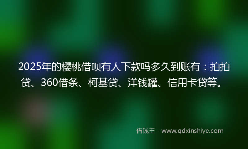 2025年的樱桃借呗有人下款吗多久到账有：拍拍贷、360借条、柯基贷、洋钱罐、信用卡贷等。