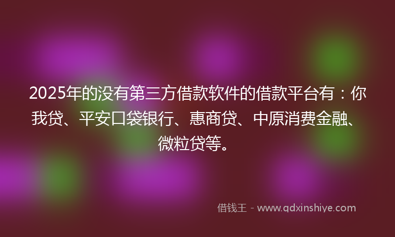 2025年的没有第三方借款软件的借款平台有:你我贷、平安口袋银行、惠商贷、中原消费金融、微粒贷等。