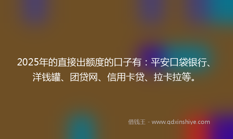 2025年的直接出额度的口子有：平安口袋银行、洋钱罐、团贷网、信用卡贷、拉卡拉等。