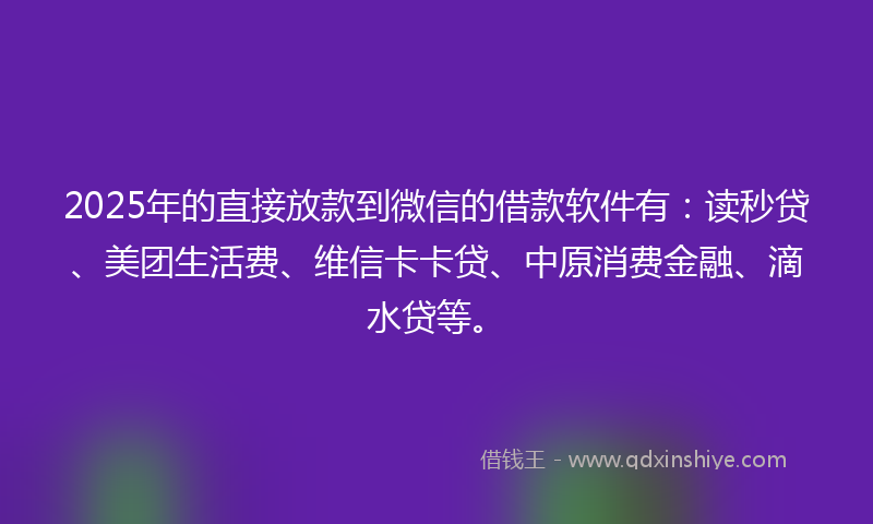 2025年的直接放款到微信的借款软件有：读秒贷、美团生活费、维信卡卡贷、中原消费金融、滴水贷等。