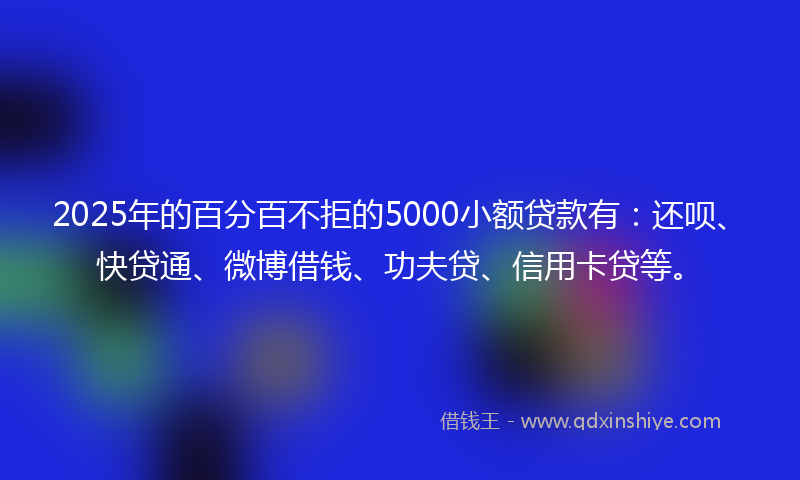 2025年的百分百不拒的5000小额贷款有：还呗、快贷通、微博借钱、功夫贷、信用卡贷等。