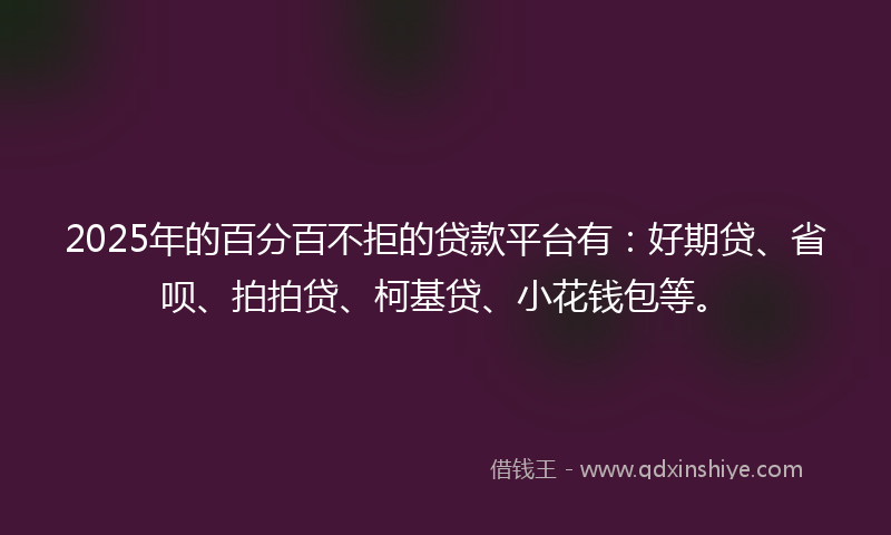 2025年的百分百不拒的贷款平台有：好期贷、省呗、拍拍贷、柯基贷、小花钱包等。