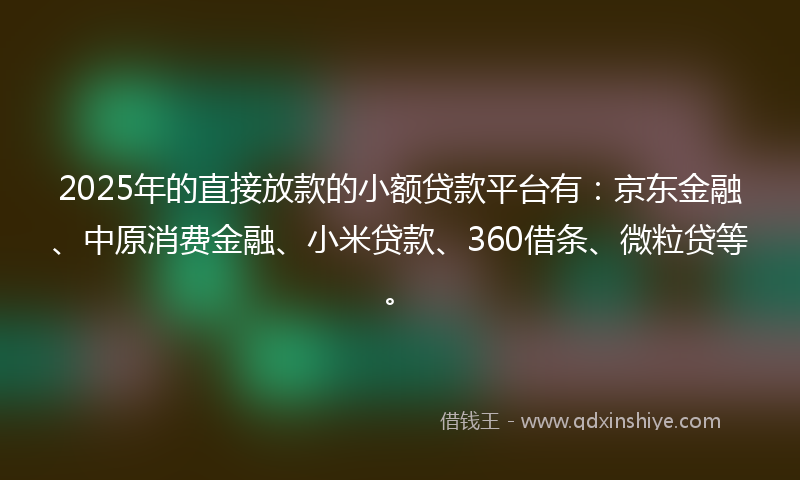 2025年的直接放款的小额贷款平台有：京东金融、中原消费金融、小米贷款、360借条、微粒贷等。