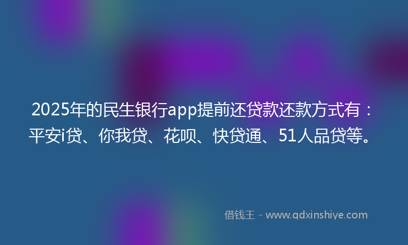 2025年的民生银行app提前还贷款还款方式有：平安i贷、你我贷、花呗、快贷通、51人品贷等。