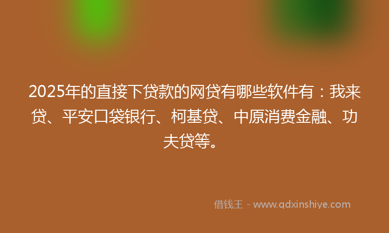 2025年的直接下贷款的网贷有哪些软件有：我来贷、平安口袋银行、柯基贷、中原消费金融、功夫贷等。