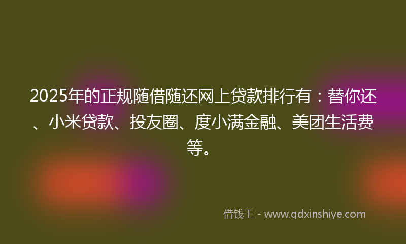 2025年的正规随借随还网上贷款排行有：替你还、小米贷款、投友圈、度小满金融、美团生活费等。