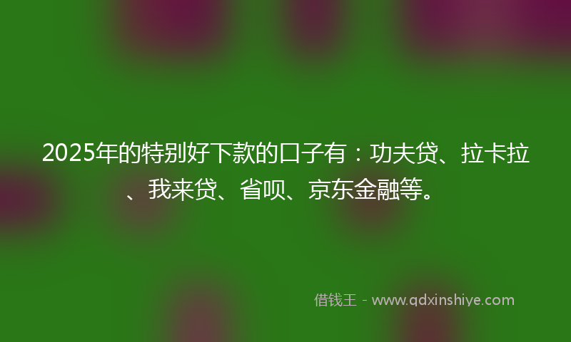 2025年的特别好下款的口子有：功夫贷、拉卡拉、我来贷、省呗、京东金融等。