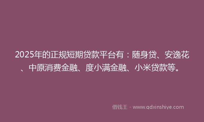 2025年的正规短期贷款平台有：随身贷、安逸花、中原消费金融、度小满金融、小米贷款等。