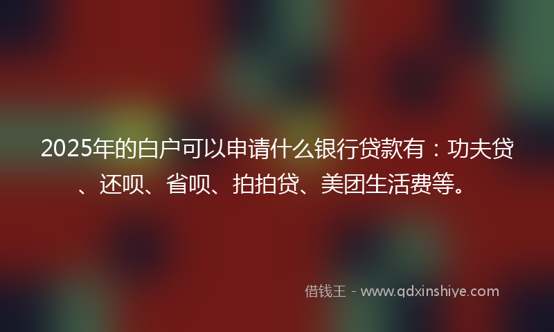 2025年的白户可以申请什么银行贷款有：功夫贷、还呗、省呗、拍拍贷、美团生活费等。