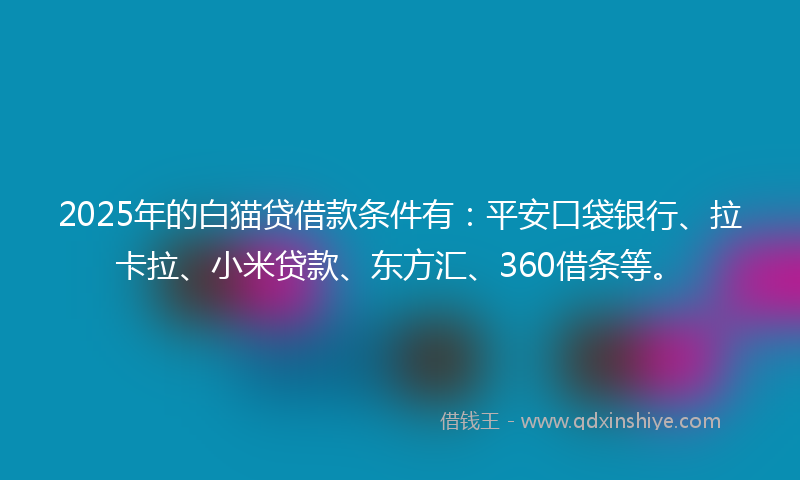 2025年的白猫贷借款条件有：平安口袋银行、拉卡拉、小米贷款、东方汇、360借条等。