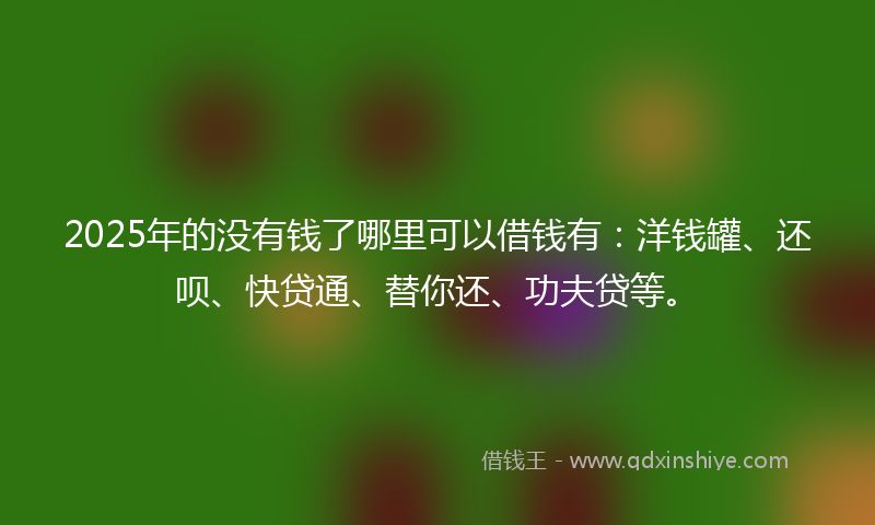 2025年的没有钱了哪里可以借钱有：洋钱罐、还呗、快贷通、替你还、功夫贷等。