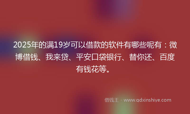2025年的满19岁可以借款的软件有哪些呢有：微博借钱、我来贷、平安口袋银行、替你还、百度有钱花等。