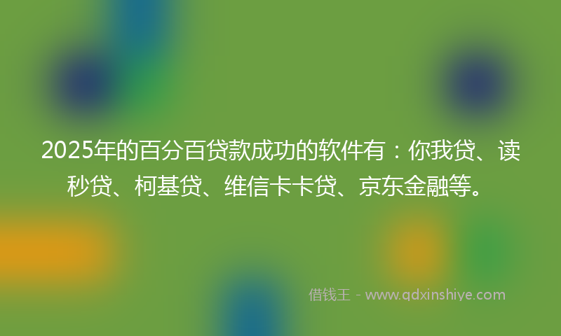 2025年的百分百贷款成功的软件有：你我贷、读秒贷、柯基贷、维信卡卡贷、京东金融等。