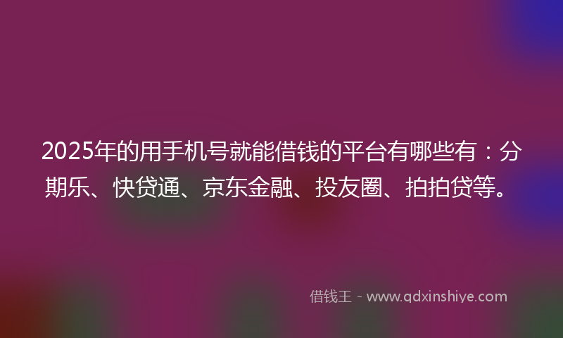 2025年的用手机号就能借钱的平台有哪些有:分期乐、快贷通、京东金融、投友圈、拍拍贷等。
