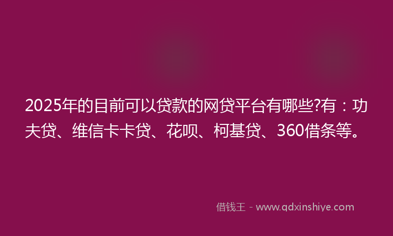 2025年的目前可以贷款的网贷平台有哪些?有：功夫贷、维信卡卡贷、花呗、柯基贷、360借条等。