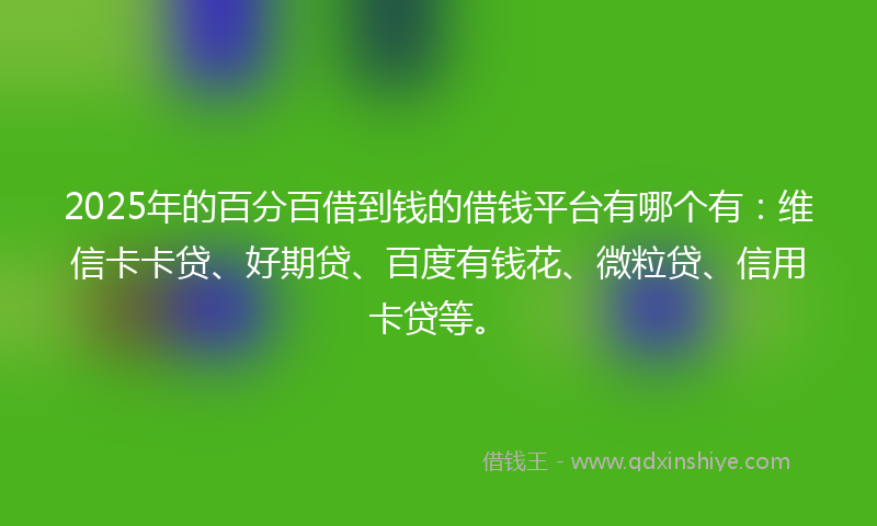 2025年的百分百借到钱的借钱平台有哪个有：维信卡卡贷、好期贷、百度有钱花、微粒贷、信用卡贷等。