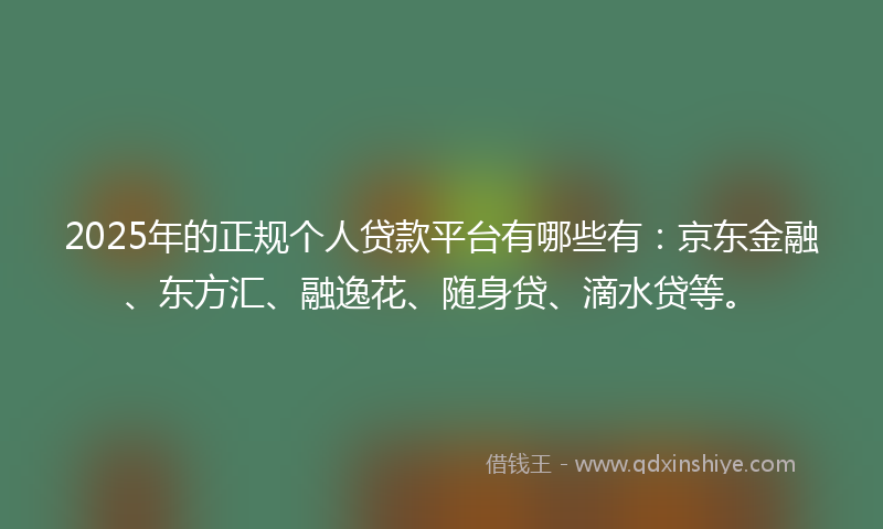 2025年的正规个人贷款平台有哪些有：京东金融、东方汇、融逸花、随身贷、滴水贷等。