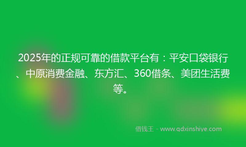 2025年的正规可靠的借款平台有：平安口袋银行、中原消费金融、东方汇、360借条、美团生活费等。