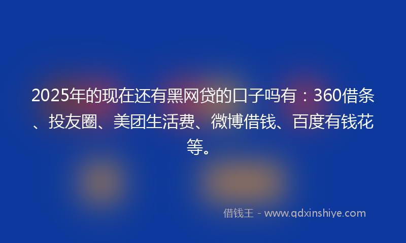 2025年的现在还有黑网贷的口子吗有：360借条、投友圈、美团生活费、微博借钱、百度有钱花等。