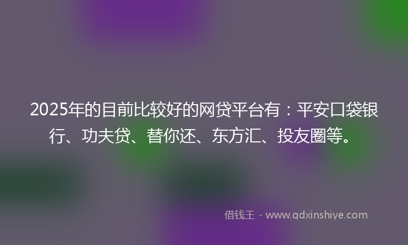 2025年的目前比较好的网贷平台有：平安口袋银行、功夫贷、替你还、东方汇、投友圈等。