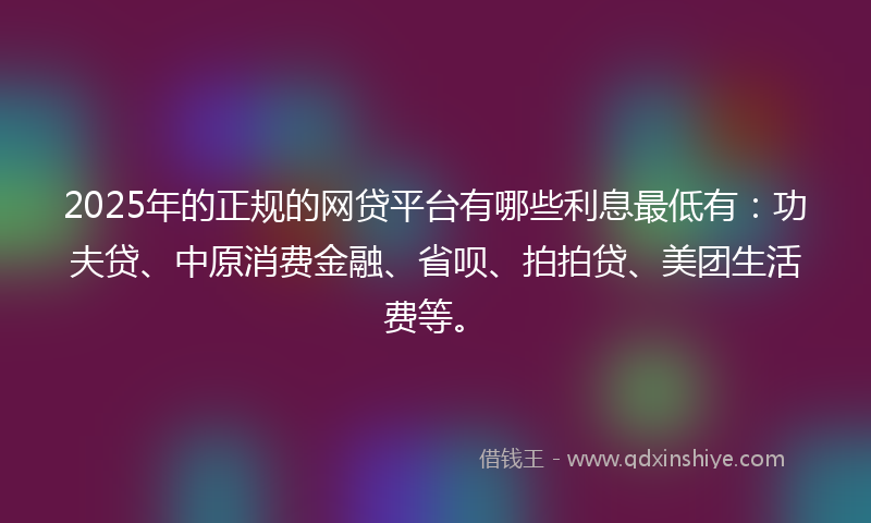 2025年的正规的网贷平台有哪些利息最低有：功夫贷、中原消费金融、省呗、拍拍贷、美团生活费等。