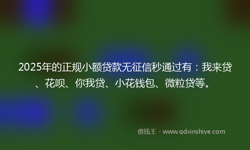 2025年的正规小额贷款无征信秒通过有：我来贷、花呗、你我贷、小花钱包、微粒贷等。