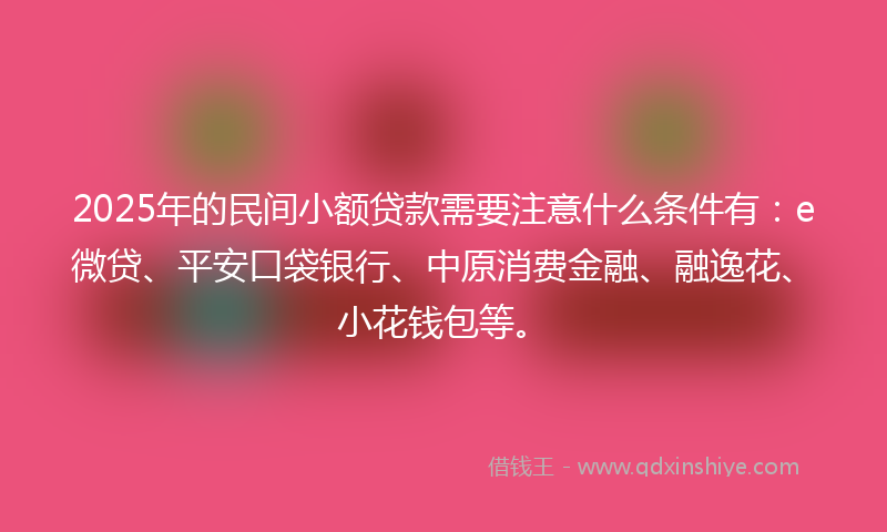 2025年的民间小额贷款需要注意什么条件有：e微贷、平安口袋银行、中原消费金融、融逸花、小花钱包等。
