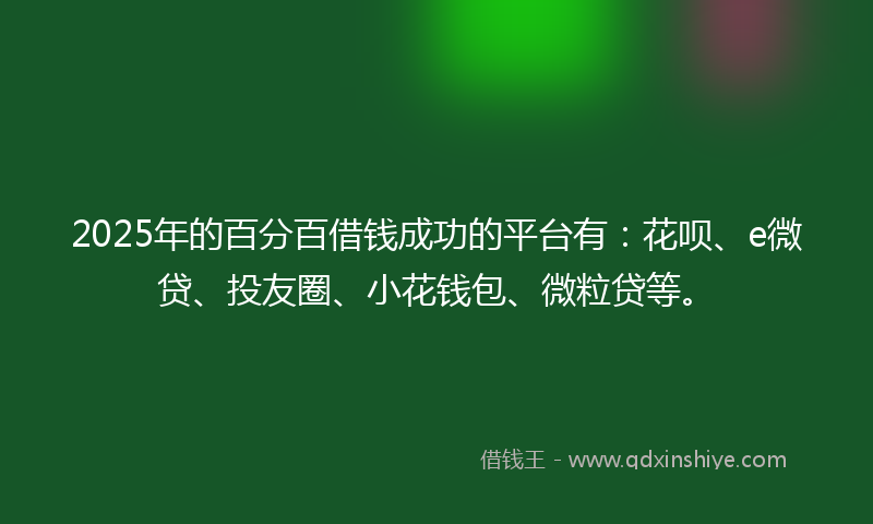 2025年的百分百借钱成功的平台有：花呗、e微贷、投友圈、小花钱包、微粒贷等。