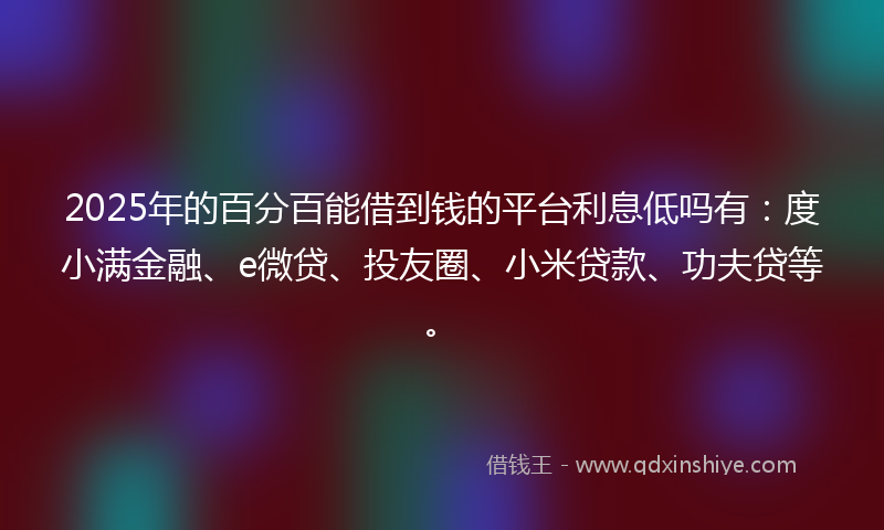2025年的百分百能借到钱的平台利息低吗有：度小满金融、e微贷、投友圈、小米贷款、功夫贷等。