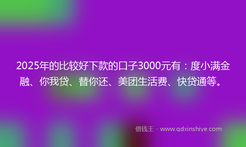 2025年的比较好下款的口子3000元有：度小满金融、你我贷、替你还、美团生活费、快贷通等。