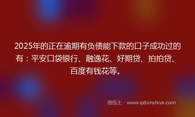 2025年的正在逾期有负债能下款的口子成功过的有：平安口袋银行、融逸花、好期贷、拍拍贷、百度有钱花等。
