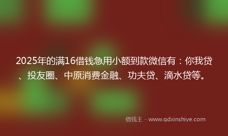 2025年的满16借钱急用小额到款微信有：你我贷、投友圈、中原消费金融、功夫贷、滴水贷等。