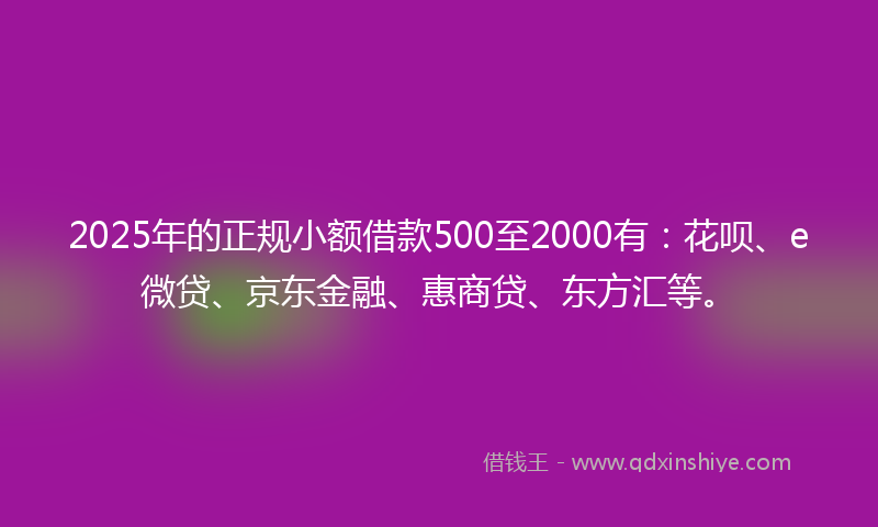 2025年的正规小额借款500至2000有：花呗、e微贷、京东金融、惠商贷、东方汇等。