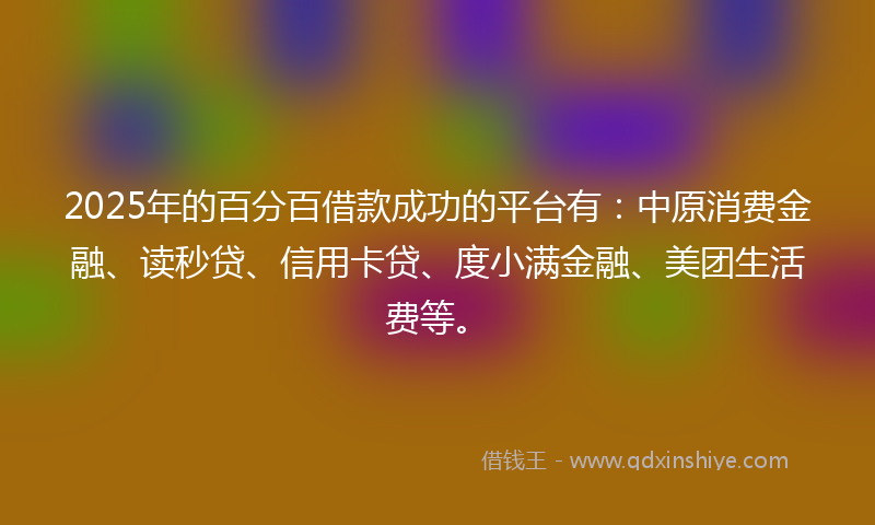 2025年的百分百借款成功的平台有：中原消费金融、读秒贷、信用卡贷、度小满金融、美团生活费等。