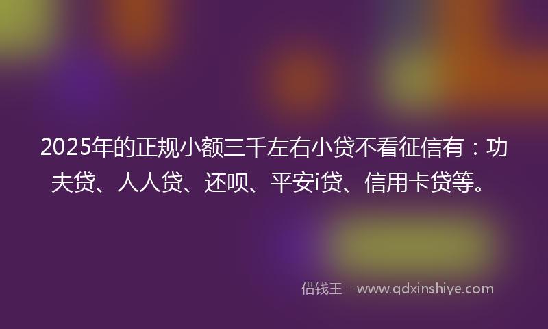 2025年的正规小额三千左右小贷不看征信有：功夫贷、人人贷、还呗、平安i贷、信用卡贷等。