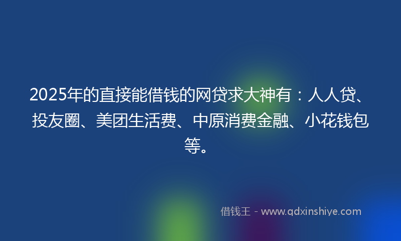 2025年的直接能借钱的网贷求大神有:人人贷、投友圈、美团生活费、中原消费金融、小花钱包等。