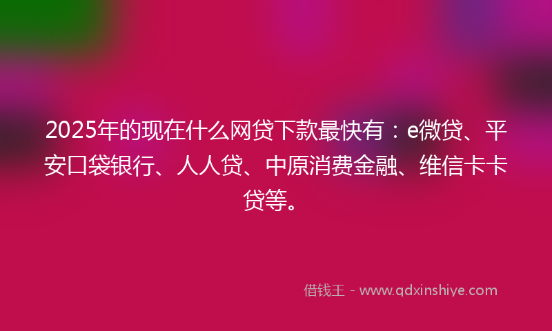 2025年的现在什么网贷下款最快有:e微贷、平安口袋银行、人人贷、中原消费金融、维信卡卡贷等。