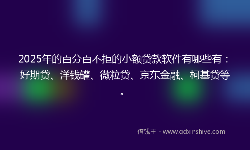 2025年的百分百不拒的小额贷款软件有哪些有：好期贷、洋钱罐、微粒贷、京东金融、柯基贷等。