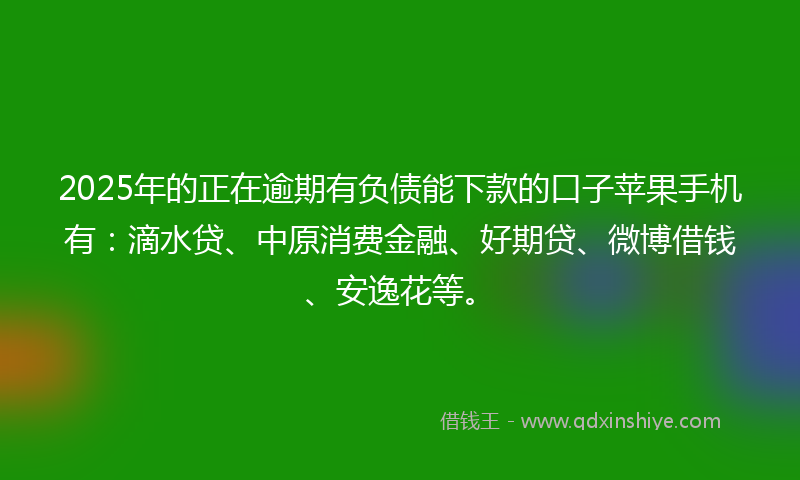 2025年的正在逾期有负债能下款的口子苹果手机有：滴水贷、中原消费金融、好期贷、微博借钱、安逸花等。